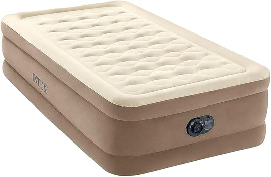 INTEX Dura-Beam Deluxe Ultra Plush Air Mattress : Fiber-Tech – Built-in Electric Pump – 18in Bed Height – 300lb Weight Capacity – Twin Size