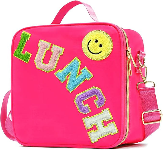 Insulated Lunch Bag Women Lunch Box Kids for Teen Girls Boys, Cute Preppy Lunch Boxes With Adjustable Shoulder Strap, Waterproof Nylon Lunchbox Lunch Bags for School Work Picnic (Rose Red)