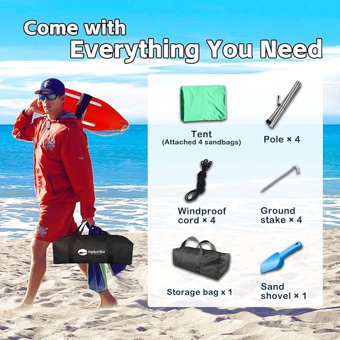 Beach Shade Tent, Portable Easy Pop Up Beach Canopy, UPF50+ Sun Protection Shelter, Windproof & Water Resistant, Perfect for Family