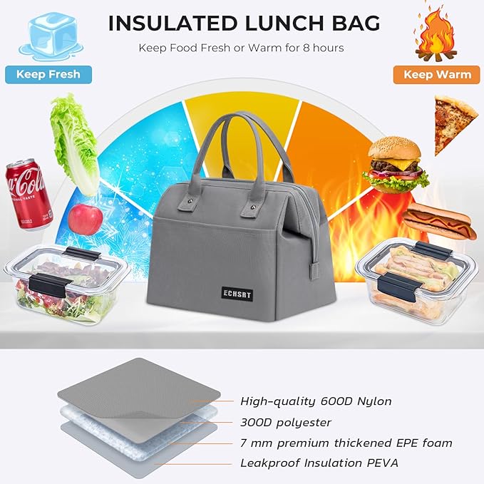 ECHSRT Large Insulated Lunch Bag for Women Men Leakproof Cooler Lunch Tote Bags for Work Travel Adult Thermal Lunchbox for Office -10L Grey
