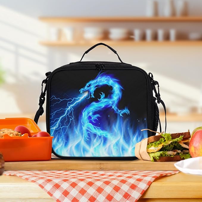 Blue Lightning Pattern Lunch Bag Blue Fire Dragon Lunch Boxes for Women/Man Office Work Travel, School, Work, Picnic, Durable Reusable Insulated Large Lunch Tote Bag with Adjustable Shoulder Strap