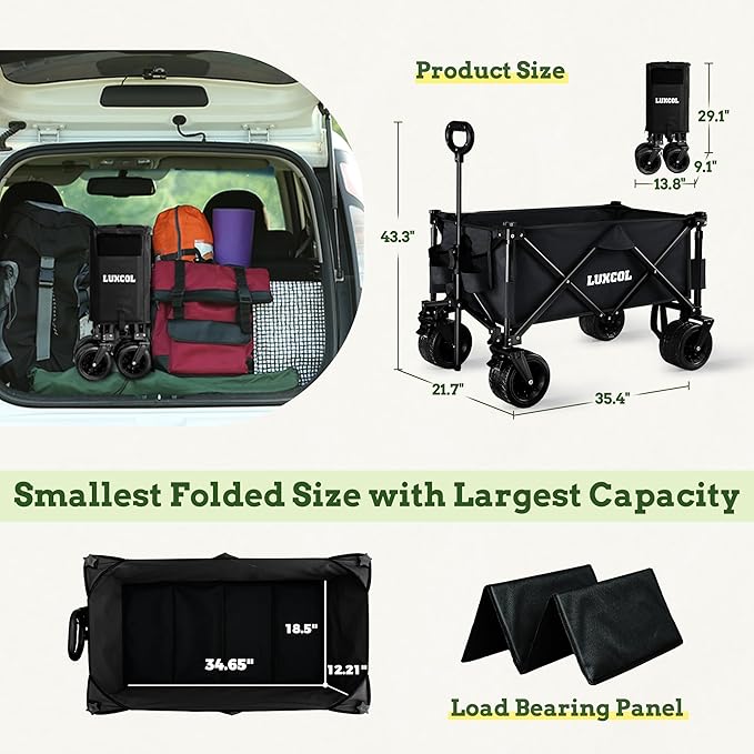 LUXCOL Collapsible Folding Wagon, Heavy Duty Utility Beach Wagon Cart for Sand with Big Wheels, Adjustable Handle&Drink Holders for Shopping, Camping,Garden and Outdoor