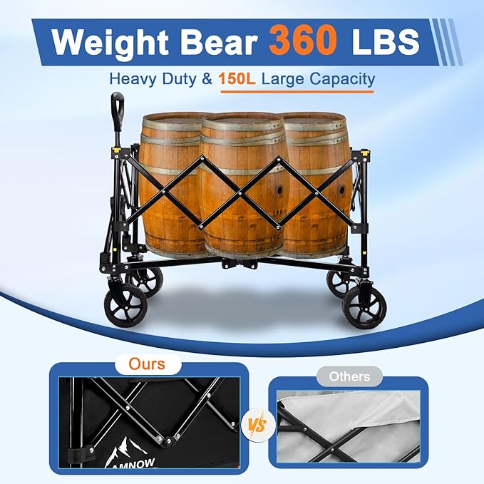 Collapsible Wagon Cart with Wheels Foldable, Folding Wagons Carts with Silent Universal Wheels, Large Grocery Cart On Wheels, Heavy Duty Utility Wagon for Shopping Beach Sports Fishing Camping, 150L