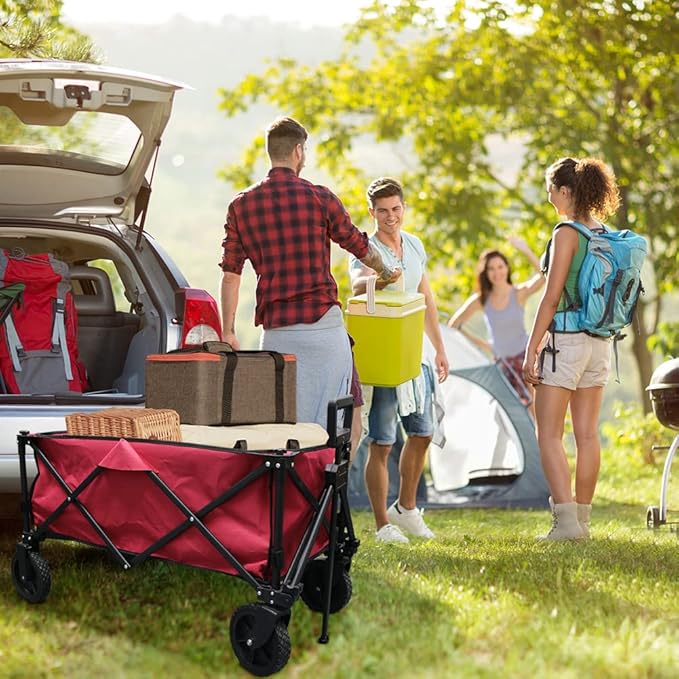 Folding Portable Large Sturdy Picnic Wagon Carts, Utility Grocery Shopping Cart, Garden FarmTransport Cart, 360° Swivel Wheels & Brakers, Red