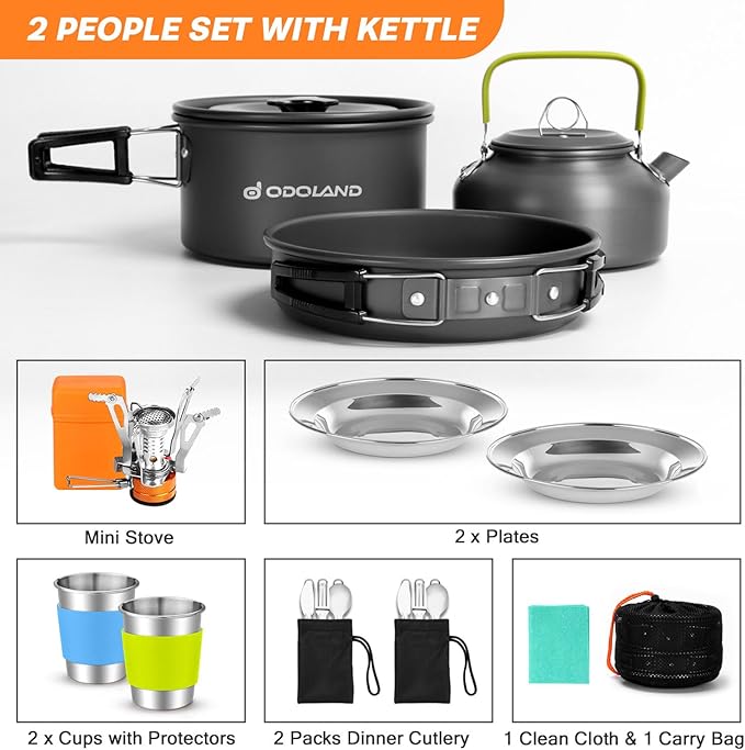 Odoland 16pcs Camping Cookware Set with Folding Camping Stove, Non-Stick Lightweight Pot Pan Kettle Set with Stainless Steel Cups Plates Forks Knives Spoons for Camping Backpacking Outdoor Picnic