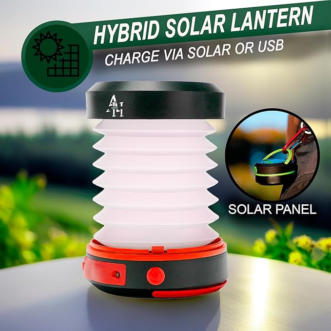 Solar Camping Lantern - LED Lanterns for Power Outages, Camping Lights, Emergency Flashlight - Collapsible Lamp, Rechargeable W/ Solar or Plug