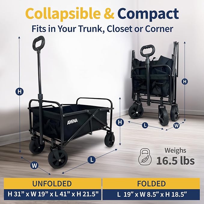 AMiNA Wagons Carts Foldable - Collapsible Wagon Lightweight, Water-Resistant Carts with Wheels, Folding Wagon 200 lbs Weight Capacity for Sports, Camping, Beach Cart, Utility Cart - Black