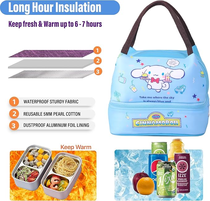 Kawaii Insulated Lunch Bag for Women Men, Cute Reusable Large Capacity Lunch Box, Double Compartment Container Lunch Tote Bag, Thermal Cooler Bag Food Handbags for Work Travel (Blue)