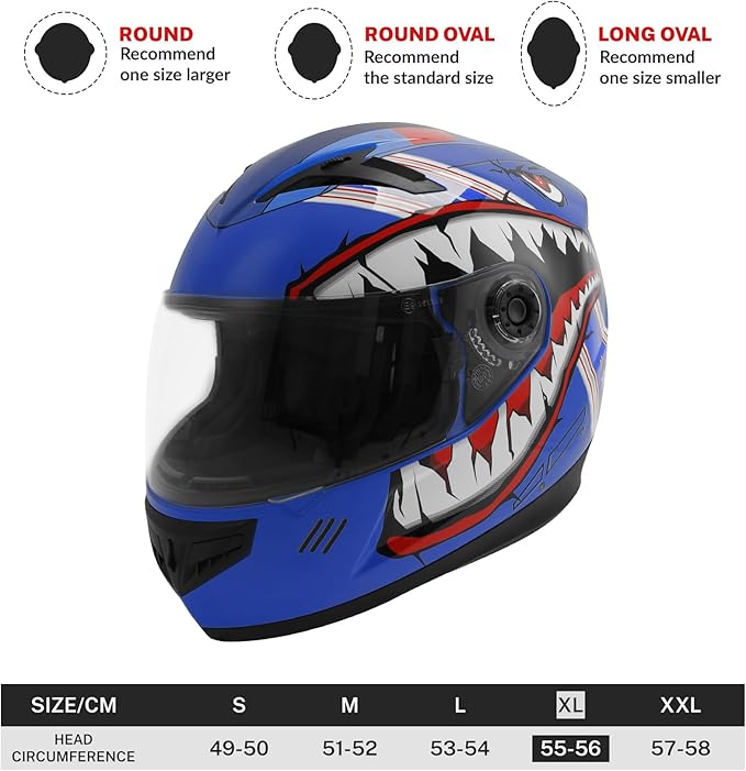 TCT-MOTORPARTS DOT Youth Kids Four Wheeler Helmet Motocross ATV Full Face Helmets for Offroad Street Dirt Bike Go-Kart BMX MX Blue Shark Mouth X-Large