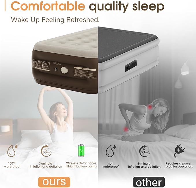 Twin Size Airbed with Detachable Rechargeable Pump - for Camping & Home Use, Portable Design, Supports up to 330 lbs MAX