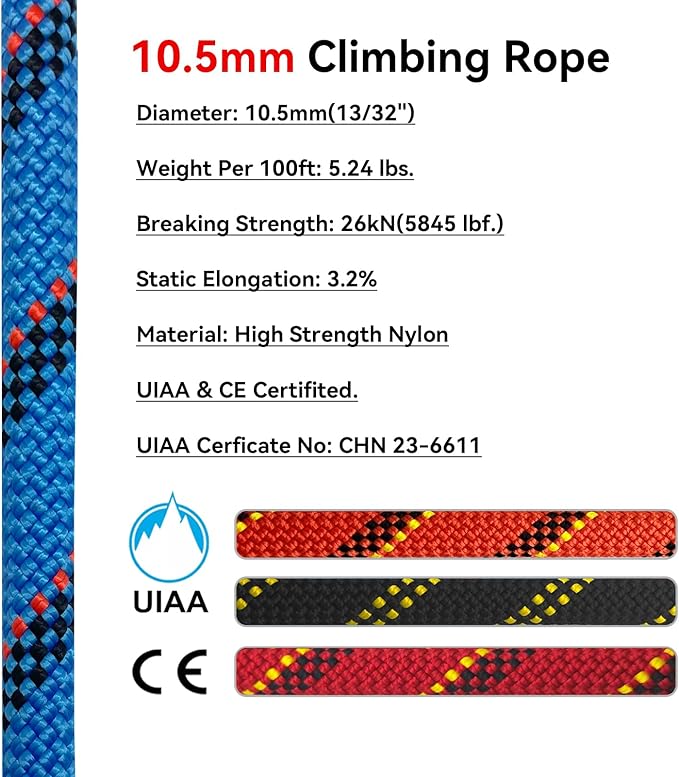 Static Climbing Rope 10.5mm UIAA Static Line Rappelling Rope Nylon Kern Mantle Rope for Escape Rope Rock Climbing, Mountain Tree Climbing, Hauling, Rescue