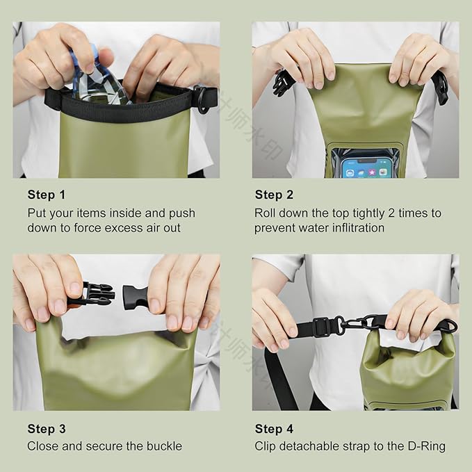 Waterproof Dry Bag, Beach Phone Bag 2L Roll Top Waterproof Backpack w/Phone Case/Pouch, Lightweight Dry Storage for Travel Swimming Boating Kayaking Camping Beach Fishing Rafting (Green)