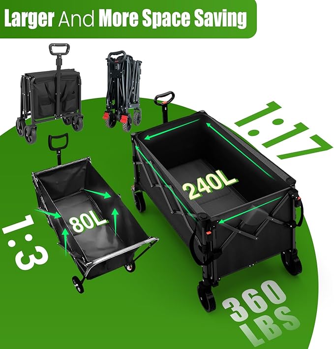 Large Foldable Wagons Extended, Collapsible Wagon with Tailgate, 49”L Folding Wagons with Brakes, Grocery Wagon, Utility Cart for Sports, Shopping, and Camping, Black