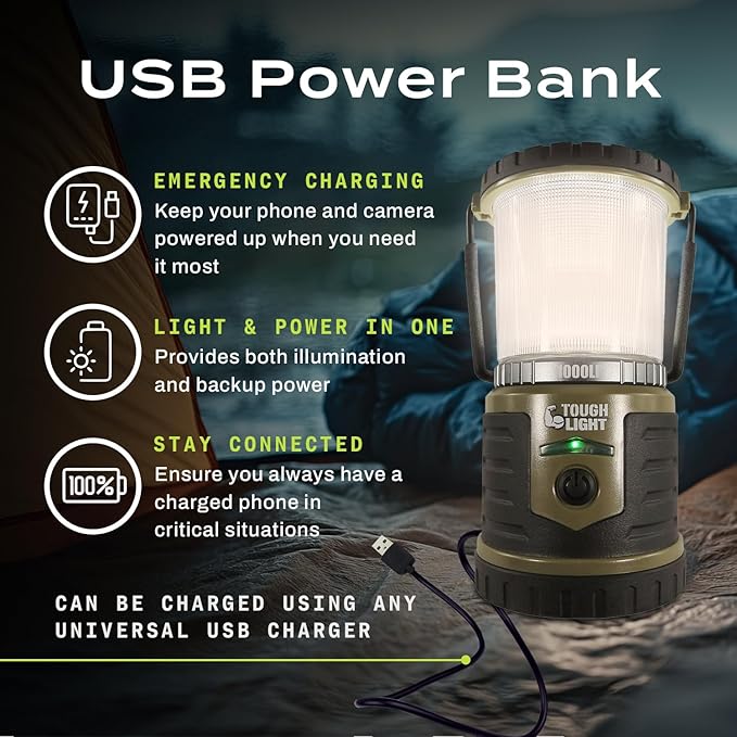 USB Rechargeable Camping Lantern, 1000 Lumens LED Lantern, Tent Lamp, 12000mAh Power Bank, 400 Hour, 7 Modes, Candle Feature, for Outdoors & Emergency