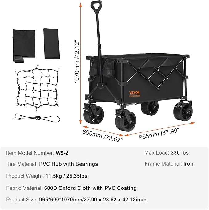 VEVOR Collapsible Folding Wagon 220L/350LBS, Heavy Duty Beach Wagon Cart Foldable with Big Wheels, Outdoor Utility Wagon All Terrain Wagon for Groceries Camping 35 x 21.3 x 42.5 in