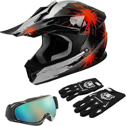 TCT-MOTORPARTS DOT Youth Kids Motocross ATV Helmets Offroad Street Dirt Bike Go-Kart BMX MX Full Face Helmet Black w/Red Fireworks Large Size