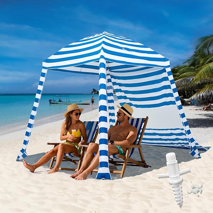 Grandekor 6'x6' UPF 50+ UV Protection Beach Cabana Canopy Portable Instant Setup with Sand Anchors Hanging Hooks Sidewalls Family Beach Outings Outdoor Shade Shelter Windproof Sand Pockets