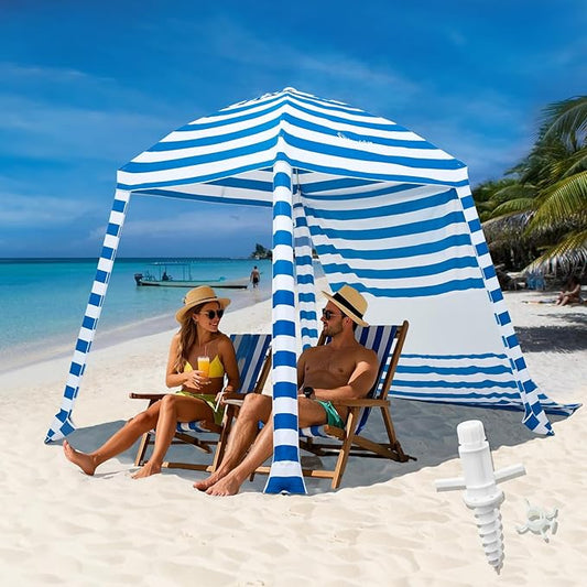 Grandekor 6'x6' UPF 50+ UV Protection Beach Cabana Canopy Portable Instant Setup with Sand Anchors Hanging Hooks Sidewalls Family Beach Outings Outdoor Shade Shelter Windproof Sand Pockets