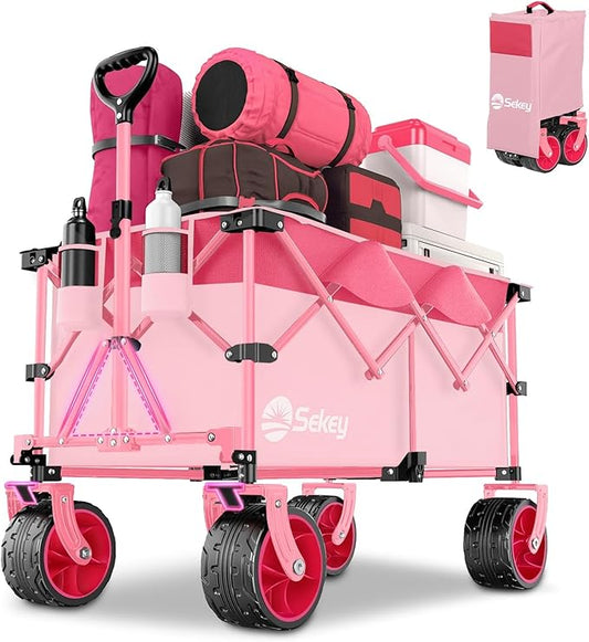 Sekey 330lbs Collapsible Foldable Wagon with Large Capacity, Heavy Duty Folding Utility Garden Cart with Big All-Terrain Beach Wheels & Drink Holders. Barbie Pink