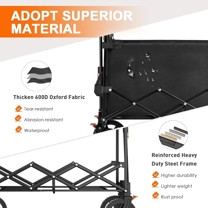 140L Collapsible Wagon Cart Foldable, Portable Folding Wagon with Silent Universal Wheels, Utility Grocery Cart for Camping Sports Shopping, Black