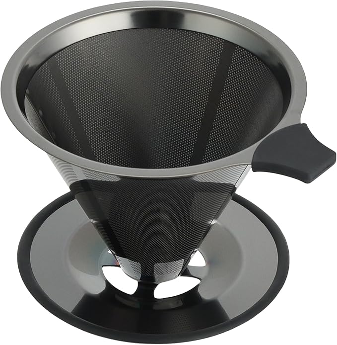 Pour Over Coffee Dripper Filter: Reusable Stainless Steel Coffee Filters - Metal Cone Filter Paperless Single Cup Coffee Maker 1-4 Cup with Double Mesh & Non-slip Cup Stand Black