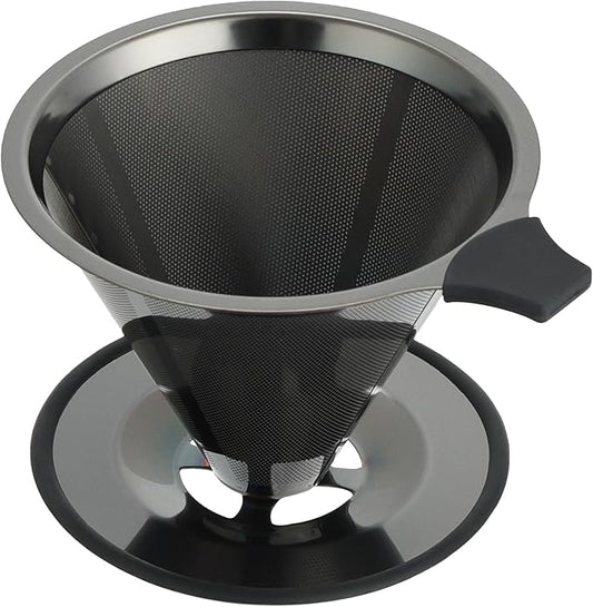 Pour Over Coffee Dripper Filter: Reusable Stainless Steel Coffee Filters - Metal Cone Filter Paperless Single Cup Coffee Maker 1-4 Cup with Double Mesh & Non-slip Cup Stand Black