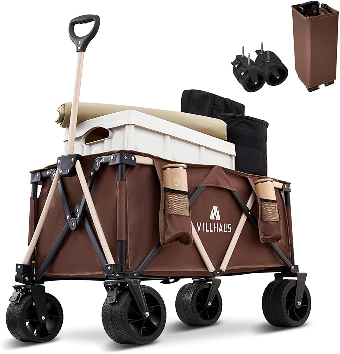 VILLHAUS Collapsible Folding Wagon Cart, 330 lbs, 5.7 cu.ft Capacity Outdoor Utility with 6.8" Removable Wheels