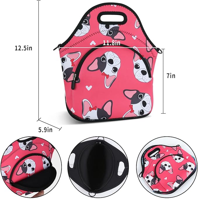 Violet Mist Neoprene Lunch Bag Reusable Insulated Lunch Box with Adjustable Shoulder Strap&Pocket for Women,Men,Adults,Cute Cartoon Dog Pink Snack Bags Anime Animal Work Picnic Travel Food Handbags