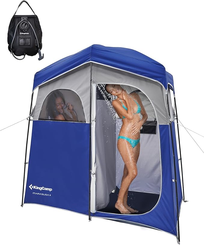 KingCamp Camping Shower Tent, Portable Outdoor Privacy Toilet & Changing Tent Windproof & Waterproof Easy Setup 1 or 2 Room Shelter with Shower Bag for Camping Hiking Beach