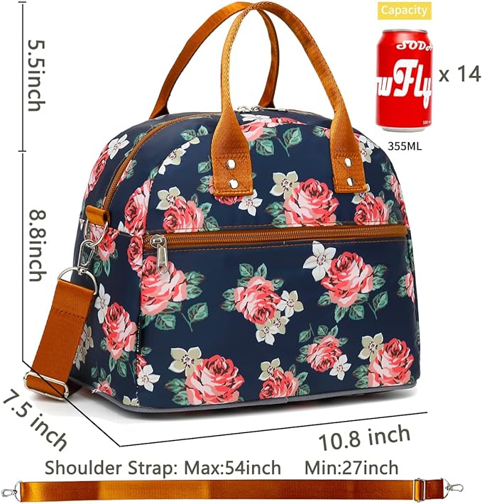 FlowFly Insulated Lunch Bag With Shoulder Strap for Women, Men, and Kids, Large and Reusable, Handle, Freezable Work and School Travel Tote and Meal Prep Organizer,Peony