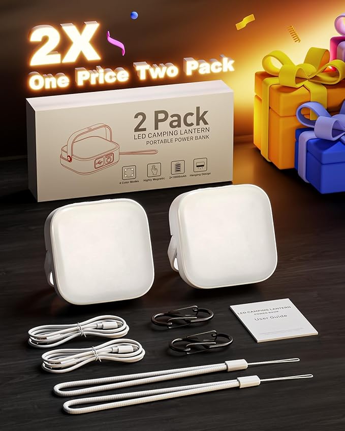 Eventek 2Packs LED Camping Lantern 4000LM, 10000mAh Rechargeable Camping Lights Up to 144 Hours & 4 Light Modes, Portable IP65 Waterproof Magnetic Camping Essentials for Tent, Power Outages Emergency