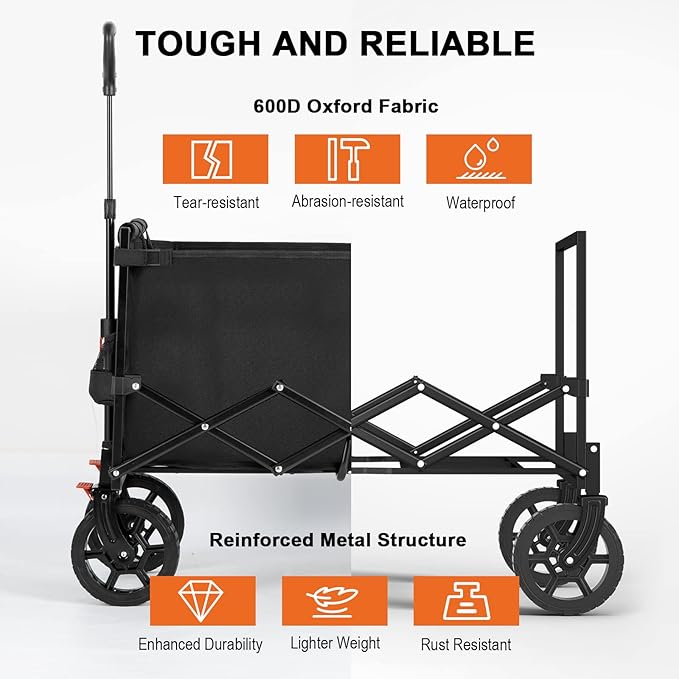 Navatiee 140L Wagon Cart Foldable, Large Capacity Collapsible Wagon with Smallest Folding Design, Utility Grocery Cart for Camping Shopping Sports, Black