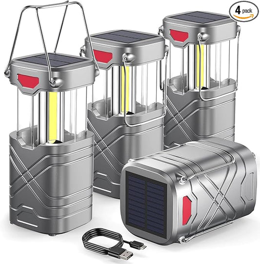 LETMY 4 Pack Camping Lantern, Rechargeable LED Lanterns, Solar Lantern Battery Powered Hurricane Lantern Flashlights with 3 Powered Ways & USB Cable for Emergency, Power Outage, Hurricane Supplies