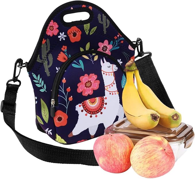 Violet Mist Neoprene Lunch Bag Reusable Insulated Cartoon Alpaca Snack Bags, 12.6"L x 11.8"H x 6.10"W, Adjustable Shoulder Strap, Waterproof, Eco-Friendly