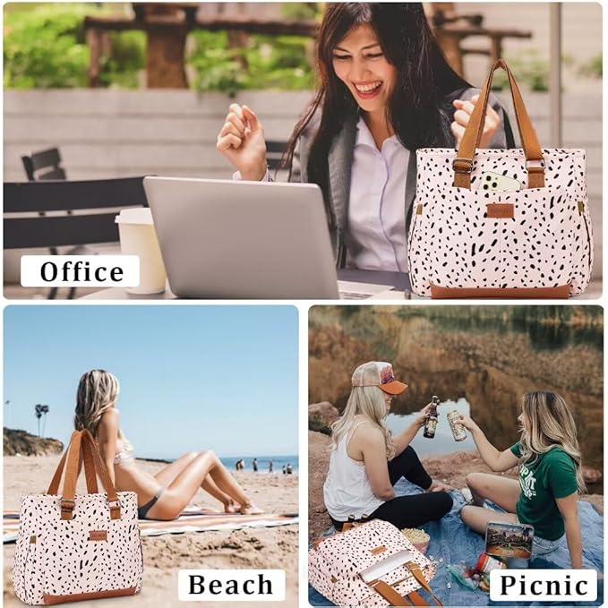 Large Women Lunch Bags for Work/Insulated Adult Lunch Box for Women/Leakproof Cooler Lunch Tote Bag with Storage Pocket. Reusable Lunch Cooler Purse for Work Picnic Hiking 14L, Pink Leopard