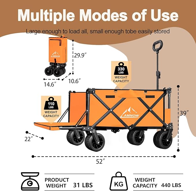 Collapsible Beach Wagon Cart with Big Wheels, 440LBS Upgrade Large Capacity Folding Wagon, Foldable Grocery Wagon with Side Pocket and Brakes, Ideal for Sand Camping Outdoor Garden Sports, Orange
