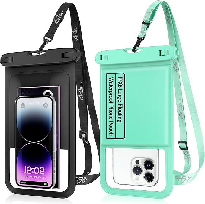 MoKo Floating Waterproof Phone Pouch - 9.5" Large Clear Phone Water Protector Pouch Dry Bag Case with Lanyard, Compatible for iPhone 14 13 12 Pro Max, Galaxy S23 S22 Ultra, 2 Pack Black+Mint Green