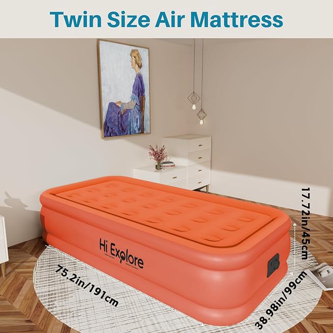 Air Mattress Twin with Built in Pump, 18" Foldable Blow Up Mattress, Portable Comfort Self Inflating Mattress with Flocked Top, Storage Bag for Camping, Home, Guests, Orange
