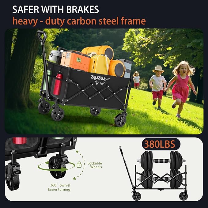 Collapsible Wagon with Wheels, 380LBS Heavy Duty Folding Utility Cart with Wheels for Shopping, Garden Work, Cargo Transport, Easy Storage and Maneuver