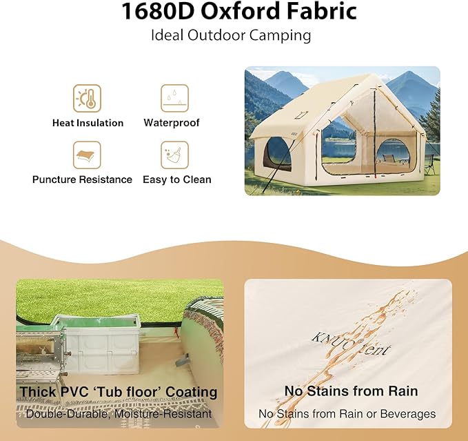 2025 Upgraded 100% Waterproof Inflatable Camping Tent, Large Blow-Up Air Tent, No Assembly Needed Luxury Glamping House, Oxford Fabric