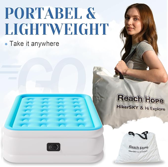 Air Mattress Full with Built in Pump, Plug-in Electric Pump Colchon Inflatable Air Bed, Blow Up Portable Mattress with Bag, Double Air Mattress for Rental Home, Camping and Guests.(18" Full, Blue)