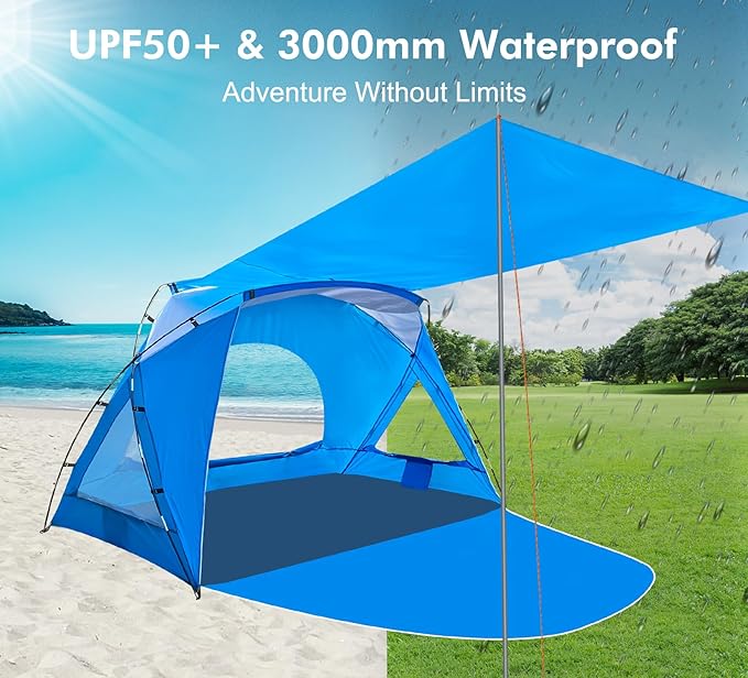 Beach Tent, Portable Sun Shelter for 2/3/4/6-8 Person with UPF 50+ UV Protection, Easy Setup Waterproof Beach Shade Canopy Cabana for Family Outdoor and Picnics, Fishing with Carrying Bag