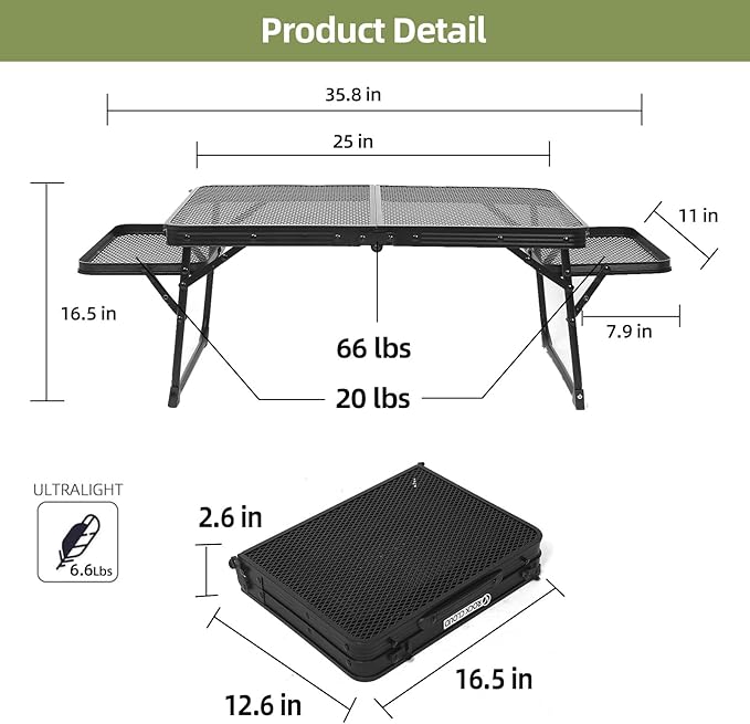 ROCK CLOUD Portable Camping Table with 2 Wing Panels Ultralight Metal Folding Table Small Camp Tables for Grill Beach Hiking Garden Outdoor Picnic RV BBQ