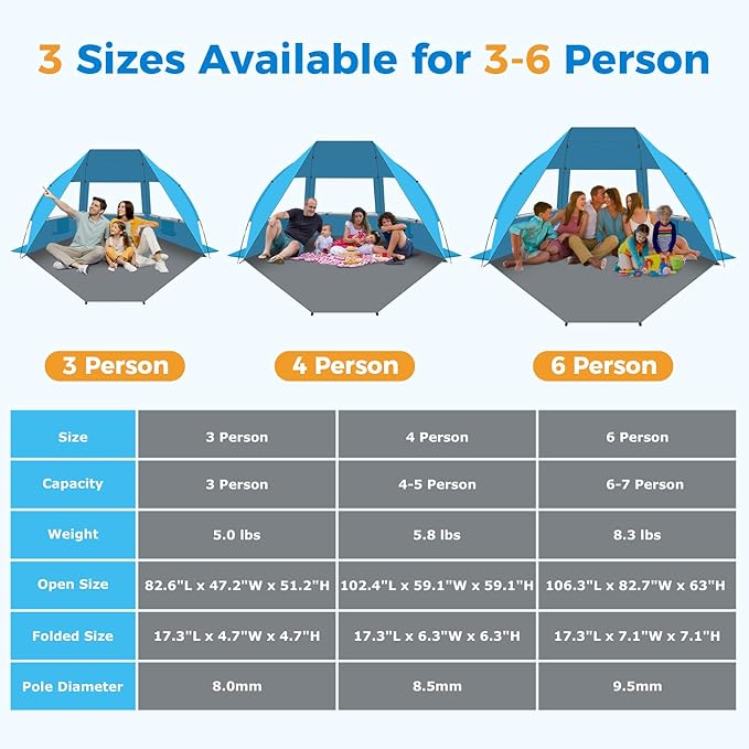 Gorich Portable Beach Tent for 3-7 Person with UPF 50+ UV Protection, Lightweight & Foldable Sun Shelter with 5 Sand Bags, Easy Setup Windproof Beach Umbrella Sun Shade