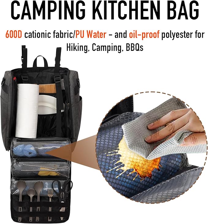 KingCamp Oversized Camping Kitchen Organizer, Ultralight Hanging Cooking Utensils Bag Portable Storage Backpack with Paper Towel Holder & 3 Pockets for Outdoor BBQ Cooking (Bag Only)