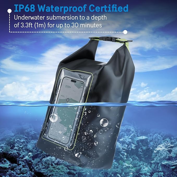 Pelican Marine IP68 Waterproof Dry Bag 5L - Roll Top Waterproof Backpack w/Phone Case/Pouch - Boating & Kayak Accessories - Essentials for Camping Swimming Beach Fishing Rafting Travel - Black/Yellow