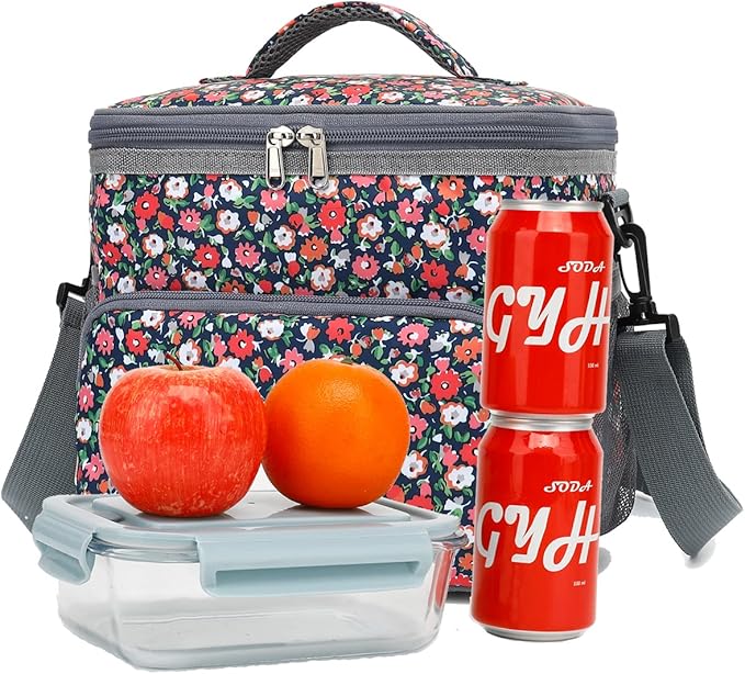 Insulated Reusable Lunch Bag Adult Large Lunch Box for Women and Men with Adjustable Shoulder Strap,Front Zipper Pocket and Dual Large Mesh Side Pockets,Floral