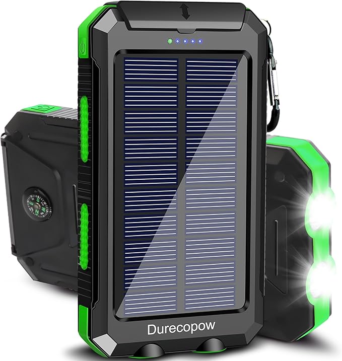 Solar Charger Power Bank, 20000mAh Portable Outdoor Waterproof Solar Battery Charger, Camping External Backup Battery Pack USB C Ports Input/Output, 2 Led Light Flashlight with Compass (Green)