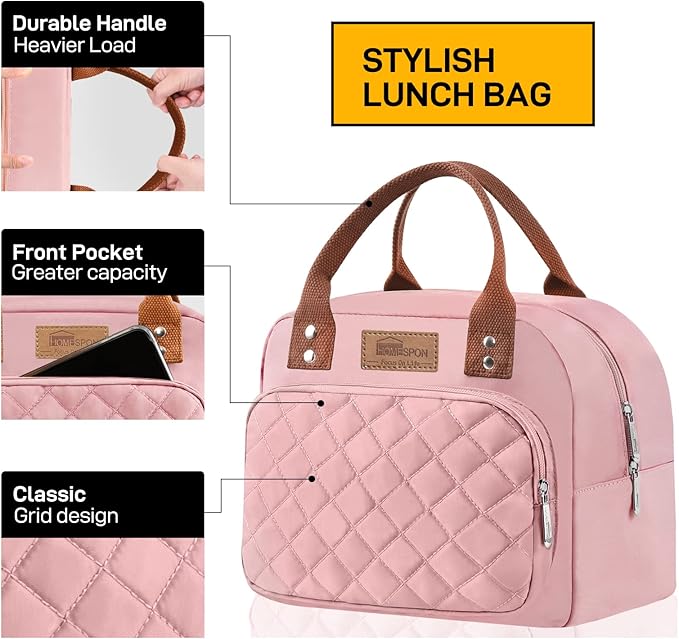 Buringer HOMESPON Lunch Bag for Woman Man Adults with Front Pocket Insulated Lunch Tote Lunch Box Container for Work Picnic or Travel（Pink）
