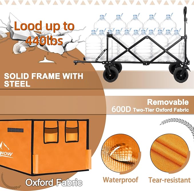 Collapsible Beach Wagon Cart with Big Wheels, 440LBS Upgrade Large Capacity Folding Wagon, Foldable Grocery Wagon with Side Pocket and Brakes, Ideal for Sand Camping Outdoor Garden Sports, Orange
